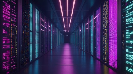 Wall Mural - Neon Lights in a Server Room