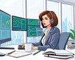 © Jeffrey - Vector cartoon illustration of a woman trading forex on the computer table