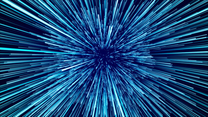 Leinwandbilder - Abstract blue hyper jump. Digital hyperspace with flow of bright particles. Beams motion in galaxy. Big stars explosion. Space glowing tunnel moving at the speed of light. 3d rendering.