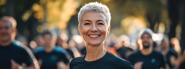 Wall Mural - A close-up shot of an elderly woman with short blonde hair, smiling and wearing blue running gear, stands in the foreground at sunrise