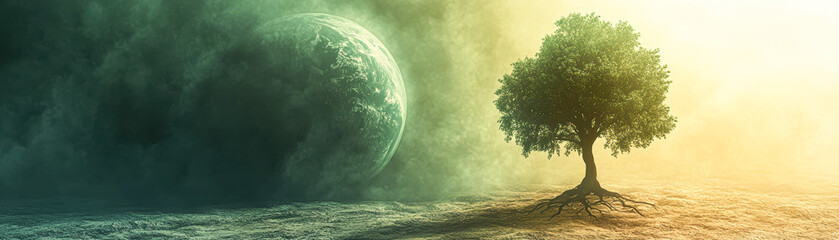 Wall Mural - A tree is in the foreground of a picture of a planet and a tree