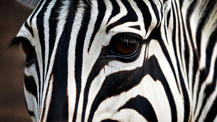 A close-up shot of a zebra's eye, showcasing its unique black and white stripes and intricate details.