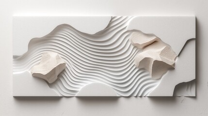 Canvas Print - Abstract white sculpture with carved lines resembling a landscape.