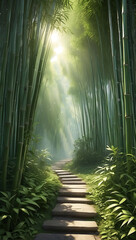 Wall Mural - A stone path leading through a lush bamboo forest, with sunlight streaming through the leaves.