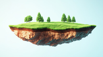 Sticker - Surreal Cross-Section of Floating Grassland with Forest and Rocky Mountain, Isometric View of Intricate Soil Layers