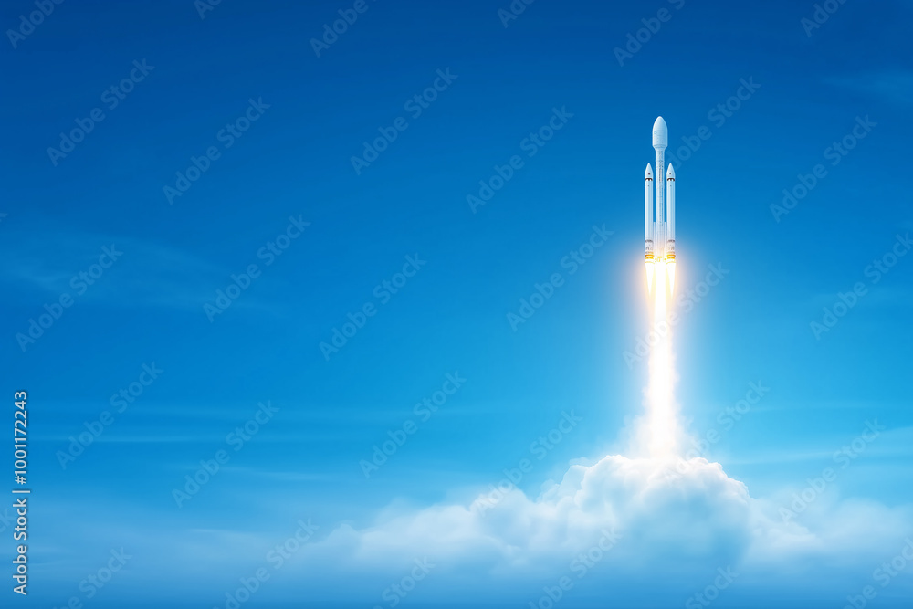 Rocket launches into a clear blue sky, leaving a trail of clouds behind ...