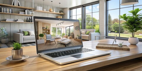 A modern laptop computer displays a 3D interior design software program, with a sleek, minimalist living room layout on the screen, surrounded by design books and sketches.
