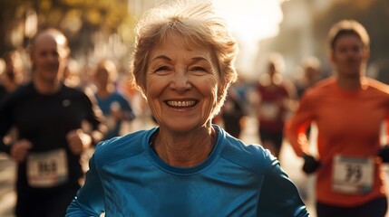 Wall Mural - A close-up shot of an elderly woman with short blonde hair, smiling and wearing blue running gear, stands in the foreground at sunrise