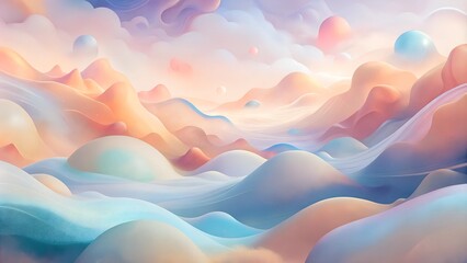 Wall Mural - Serene abstract landscape featuring soft hills and spheres in pastel colors under a gentle sky