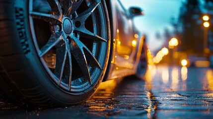 Close-up of sports car wheel on wet urban street