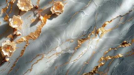 Mountain marble background made from beautiful marble adorned with gold and luxurious floral arrangement. 