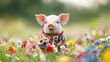 © Pricha.RT - A tiny piglet wearing a traditional Danish folk costume, standing in a field of colorful wildflowers. Its bright, cheerful face brings joy to the picturesque setting.