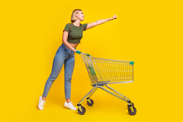 Sticker - Full size photo of nice girl dressed crop top look at sale empty space hold shopping cart raising fist isolated on yellow color background