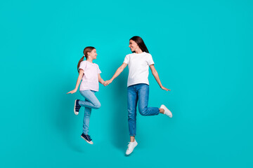 Wall Mural - Photo of optimistic good mood positive family wear trendy clothes isolated on cyan color background