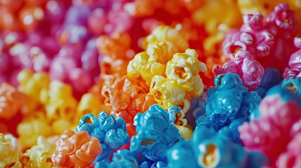 a vibrant close-up of colorful popcorn with a sweet candy coating, perfect for a festive party or ca