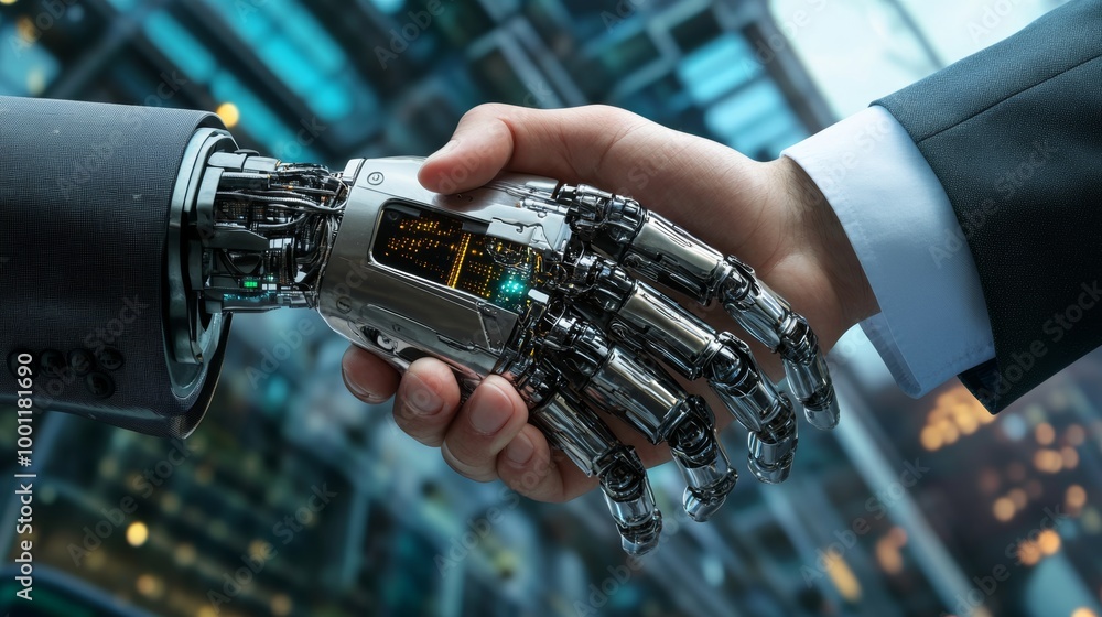 Robot hand and human shake a symbol of future collaboration in ai and ...