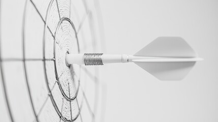 A white dart aimed directly at the target on a plain white background, highlighting simplicity and focus with a monochromatic theme.