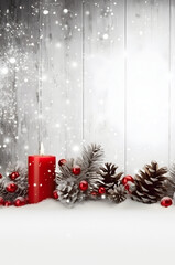 Wall Mural - red christmas burning candles, balls, baubles and pine cones and branches in a row covered with snow