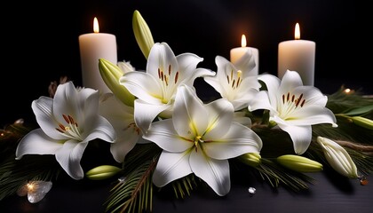 Sticker - Funeral tribute with white lilies and flickering candles