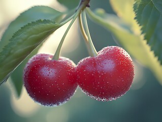 Poster - Close-Up of Ripe Cherries with Dew Drops