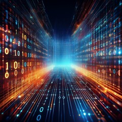 Illustrating the concept of binary code transmission and network connectivity through scientific technology data, depicted by a glowing digital matrix of binary code in the background