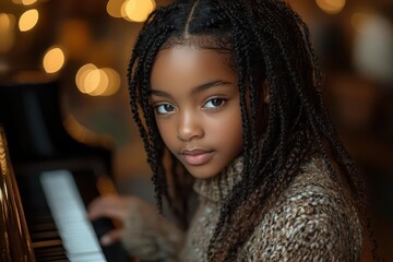 portrait of a young black girl focused on playing a grand piano capturing the beauty of music and creativity in a warm inviting space with soft lighting