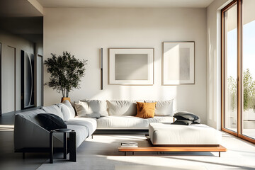 Canvas Print - modern, spacious, and light interiors Living room mockup artwork created with a computer. Generative AI