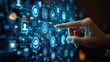 © visoot - Hand touching a digital screen with icons of technology and online network connection, cloud storage, or security system on a dark blue background.