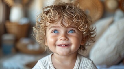 Poster - A baby with blonde hair and blue eyes is smiling