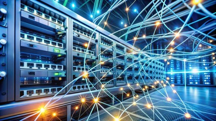 Digital network infrastructure background with routers, switches, and cables, representing high-tech communication systems and modern data exchange in a blurred, futuristic environment.