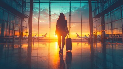 Traveler walking with suitcase in modern airport terminal at sunset