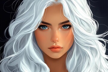 radiant girl with glossy wavy white hair exuding beauty and confidence against a dark background the digital illustration captures her elegance and allure