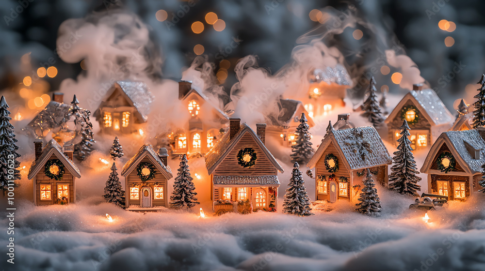 Cozy cottages in a Christmas village, with smoke curling from chimneys ...