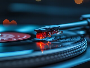 A close-up of a turntable needle playing a vinyl record.