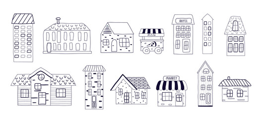 A cute set of hand-drawn houses. trendy, graphic buildings in a flat, minimalist style. for print, banners, postcards, business ideas. fashionable, png art  illustration in cartoon style.