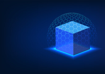 Sticker - Blockchain technology featuring square block protect by a hexagonal shield.  security and innovation in digital transactions, highlighting the transformative power of blockchain in modern finance