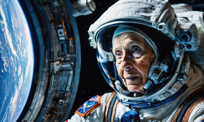 Wall Mural - an elderly astronaut looks out the window of a spacecraft at earth, with a view of the blue planet a