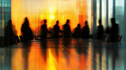 Leadership meeting in progress with blurred office workers discussing growth strategies around a sleek conference table.