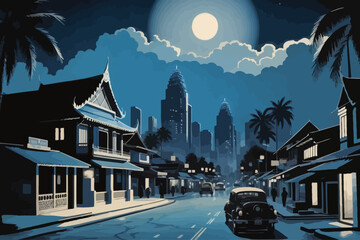 Wall Mural - Thailand  city style of a noir novel bookcover in blue and black