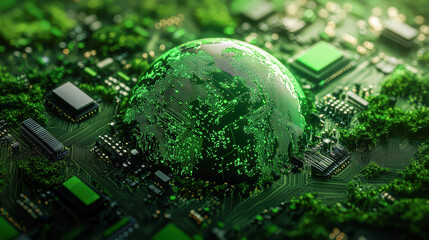 Canvas Print - Futuristic AI Circuits Transforming Earth into Green Eco-Friendly Innovation