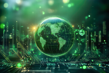 Poster - Futuristic AI Globe Connected to Green Energy Circuits Sustainable Technology Concept.