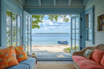 A cozy living room with french doors open to a view of a sandy beach, calm ocean waters and a small boat docked on the shore.