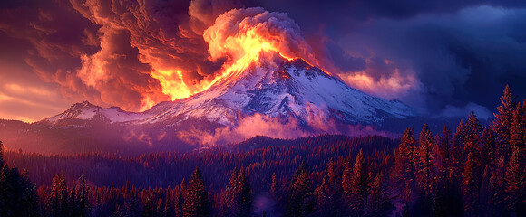Wall Mural - A mountain with a volcano on top and a forest below