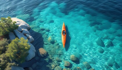 Wall Mural - Tranquil Aerial Scene of a Kayak Gliding Through Clear Blue Waters Emphasizing Solitude and Adventure in a Scenic Landscape