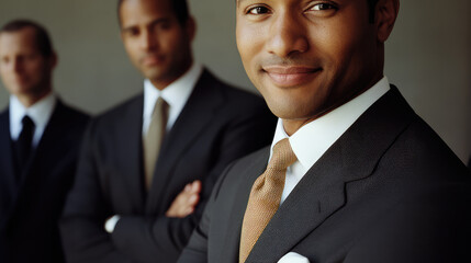 Three professional men standing in a corporate setting, dressed in executive suits, with one man in focus, conveying confidence and professionalism.