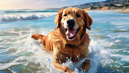 Wall Mural - Joyful Golden Retriever playing on the beach in a vibrant 4K scene capturing the essence of summer fun and carefree moments by the shoreline