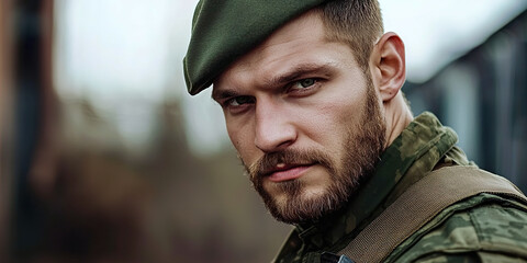 A man with a green hat and beard is standing in front of a wall