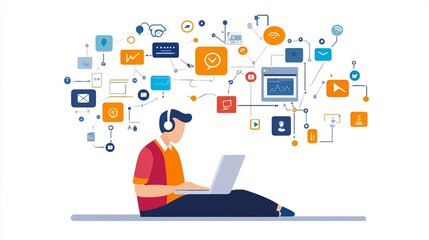 Wall Mural - digital connectivity concept: man using laptop surrounded by network of social media icons, apps, an