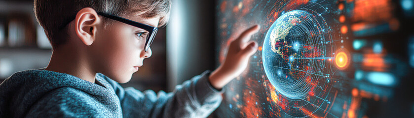 Canvas Print - A young boy is touching a globe on a computer screen