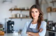 © Prompt2image - Young woman smiling confidently in a kitchen setting while wearing an apron and standing with crossed arms during daylight